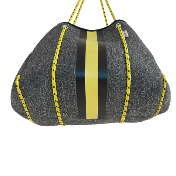 AH-DORNED ~ Large Gray Bag w/Yellow Racing Stripe Bungee Cord Style Handle - Picture 8 of 13